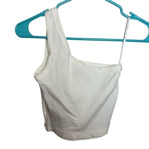 Shein White Ribbed‎ Knit One Shoulder Crop Tank Top Size Small